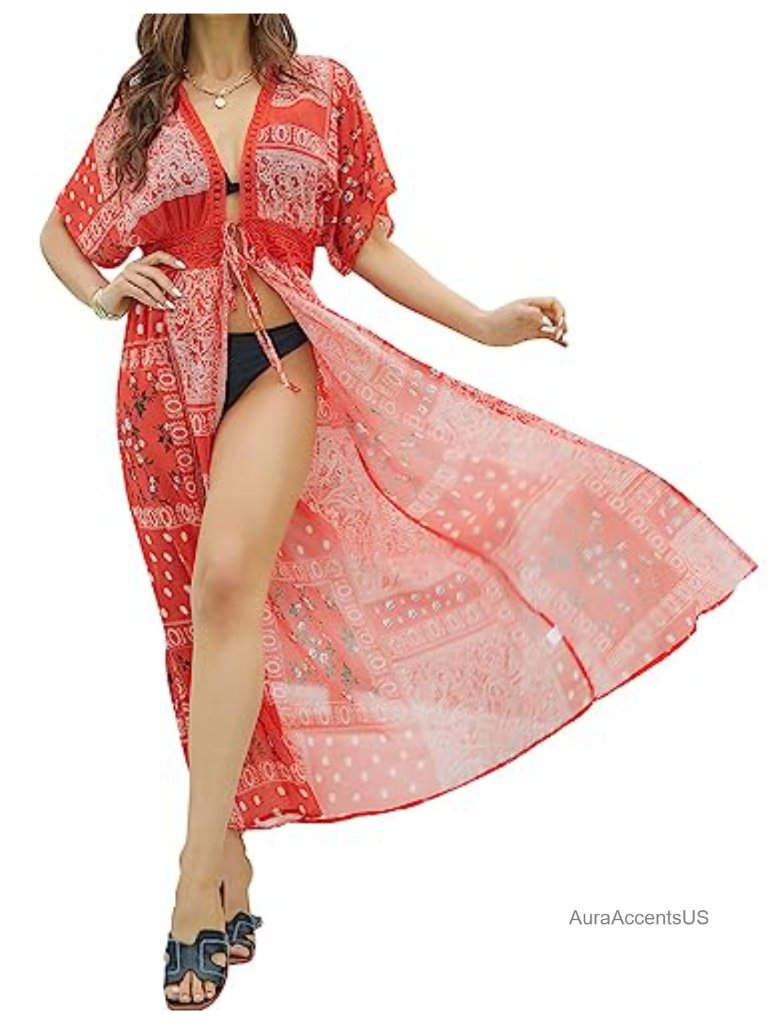 Sheer Lace Cover Up Kimono Tie Front Swimsuit Beachwear